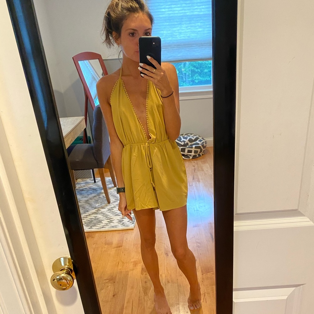 Mustard yellow deep v neck halter romper